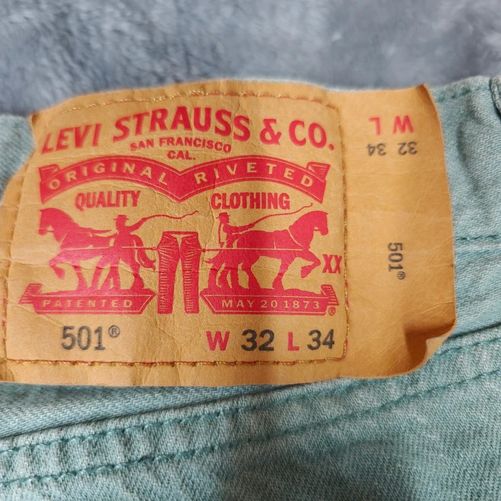 Levi 501 Jeans Mens 32x34 Green White Oak Cone Denim Button Fly Straight Leg